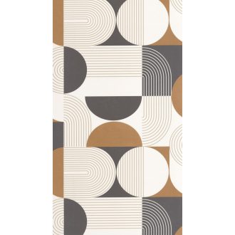   Retro hatású lekerekített mértani elemek finom vonalak grafikus mintája krémfehér barna antracit és bézs/bézsarany tónus tapéta