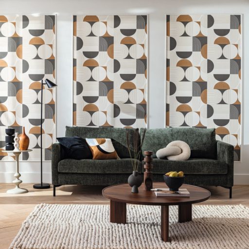 Retro hatású lekerekített mértani elemek finom vonalak grafikus mintája krémfehér barna antracit és bézs/bézsarany tónus tapéta