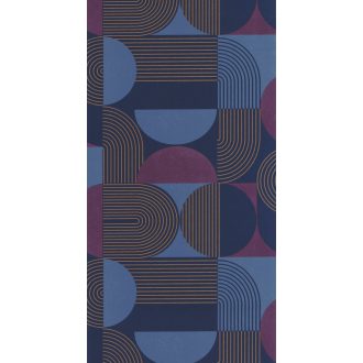   Retro hatású lekerekített mértani elemek finom vonalak grafikus mintája padlizsánlila kék sötétkék és arany tónus tapéta