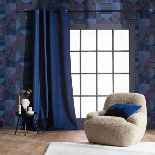 Retro hatású lekerekített mértani elemek finom vonalak grafikus mintája padlizsánlila kék sötétkék és arany tónus tapéta