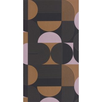   Retro hatású lekerekített mértani elemek finom vonalak grafikus mintája teveszőrbarna antracit és világos bíborlila tónus tapéta