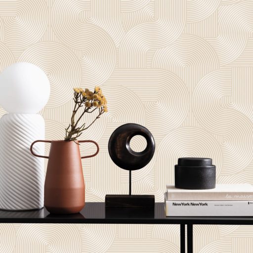 Ékszer a dobozban! Barázdált vonalak lágy íveket görbéket alkotó 3D grafikus retromintája krémfehér bézs és arany tónus tapéta