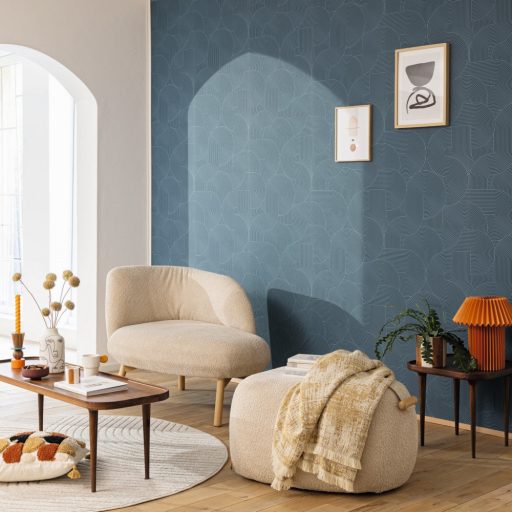 Ékszer a dobozban! Barázdált vonalak lágy íveket görbéket alkotó 3D grafikus retromintája világoskék és kék tónus tapéta