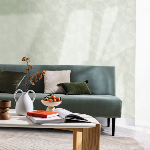 Ékszer a dobozban! Barázdált vonalak lágy íveket görbéket alkotó 3D grafikus retromintája fehér és vízzöld tónus tapéta