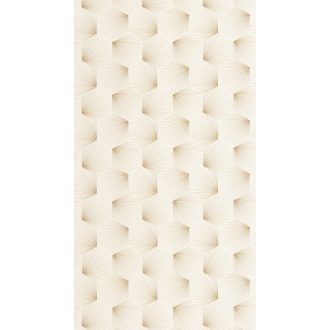   Fényes csiilag az Art decoban! Ismétlődő nyitott trapézok sarokból szóródó csillogó szálakkal krémfehér és arany fémes hatás tapéta