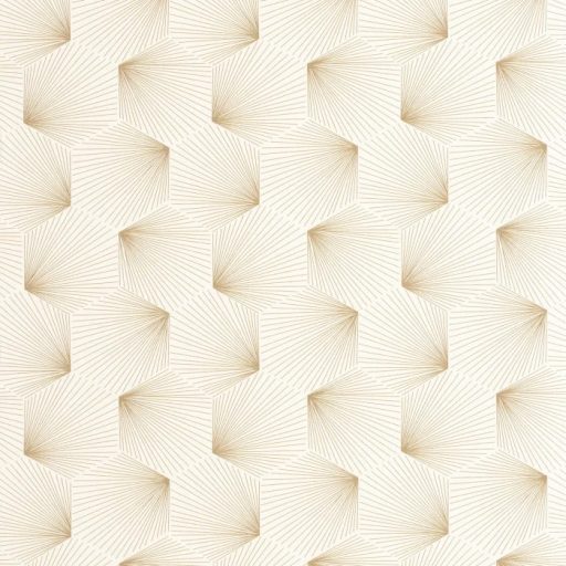 Fényes csiilag az Art decoban! Ismétlődő nyitott trapézok sarokból szóródó csillogó szálakkal krémfehér és arany fémes hatás tapéta