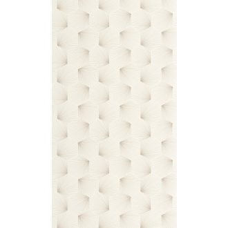   Fényes csiilag az Art decoban! Ismétlődő nyitott trapézok sarokból szóródó csillogó szálakkal fehér egérszürke és ezüst fémes hatás tapéta