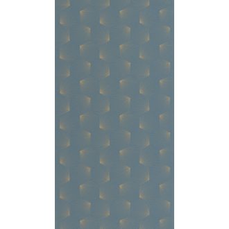   Fényes csiilag az Art decoban! Ismétlődő nyitott trapézok sarokból szóródó csillogó szálakkal kék és arany fémes hatás tapéta