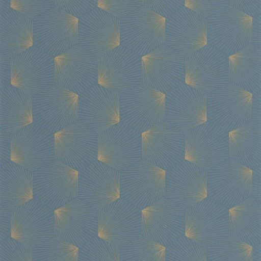 Fényes csiilag az Art decoban! Ismétlődő nyitott trapézok sarokból szóródó csillogó szálakkal kék és arany fémes hatás tapéta