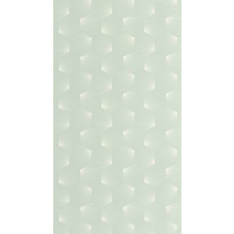   Fényes csiilag az Art decoban! Ismétlődő nyitott trapézok sarokból szóródó szálakkal vízzöld és fehér tónus tapéta