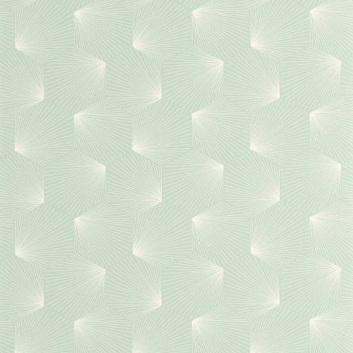Fényes csiilag az Art decoban! Ismétlődő nyitott trapézok sarokból szóródó szálakkal vízzöld és fehér tónus tapéta