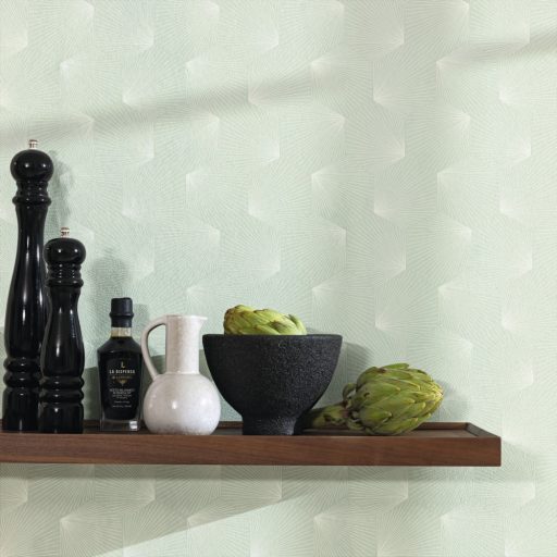 Fényes csiilag az Art decoban! Ismétlődő nyitott trapézok sarokból szóródó szálakkal vízzöld és fehér tónus tapéta