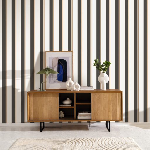 Modern és stílusos három árnyalatot kombináló 3D csíkos minta fehér bézs antracit és vörösréz tónus fémes hatás tapéta