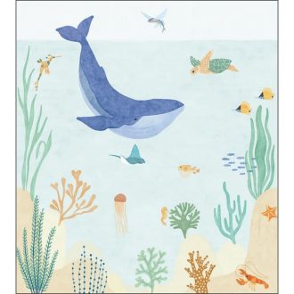   Tüneményes! Fenséges bálna barátaival a tenger fenekén akvarell megjelenítés "M" méret vízkék korall zöld és sokszínú tónus falpanel
