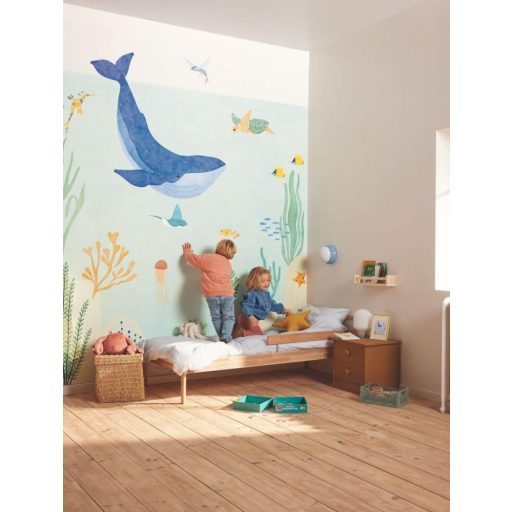 Tüneményes! Fenséges bálna barátaival a tenger fenekén akvarell megjelenítés "S" méret vízkék korall zöld és sokszínú tónus falpanel