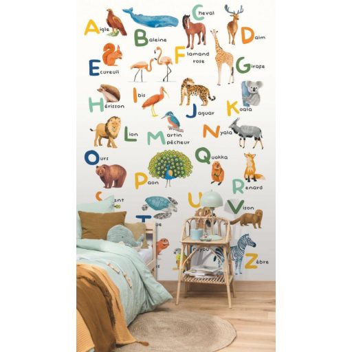 Szórakoztató játékos és színes francia "ABC-s könyv" állati illusztrációkkal "M" méret fehér és sokszínű tónus falpanel