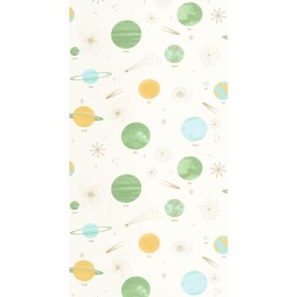   Csilllagközi utazás bolygók seregén át a Tejútrendszerbe fehér zöld napsárga kék és aranybarna tónus gyerekszobai tapéta