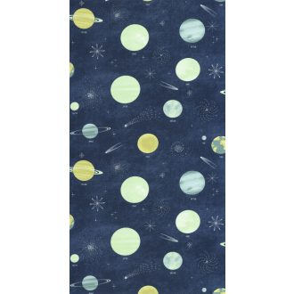   Csillagközi utazás bolygók seregén át a Tejútrendszerbe éjkék napsárga fehér és sokszínű tónus fluoreszkáló gyerekszobai tapéta