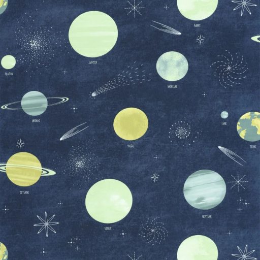 Csillagközi utazás bolygók seregén át a Tejútrendszerbe éjkék napsárga fehér és sokszínű tónus fluoreszkáló gyerekszobai tapéta