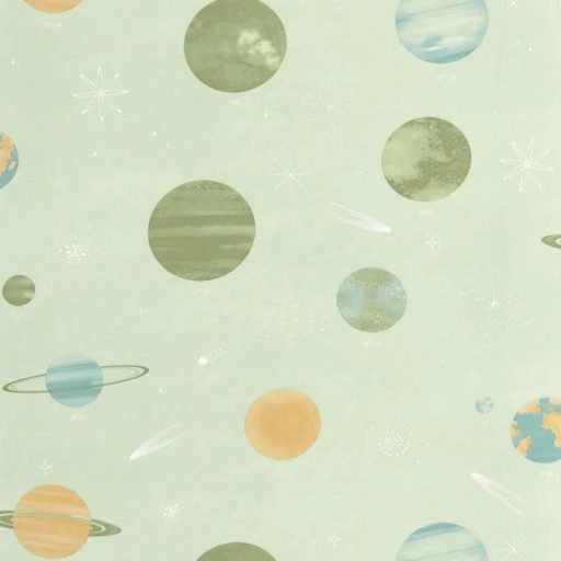 Csillagközi utazás bolygók seregén át a Tejútrendszerbe vízzöld kék és sokszínű tónus fluoreszkáló gyerekszobai tapéta