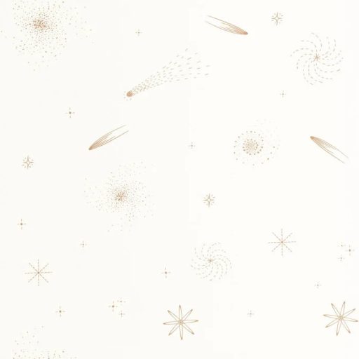 Minimalista csillagok és repülő üstökösök kozmikus mintája fehér bézs és aranybarna tónus gyerektapéta
