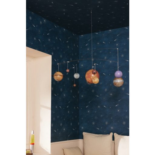 Minimalista csillagok és repülő üstökösök kozmikus mintája éjkék és ezüstfehér tónus fluoreszkáló gyerektapéta