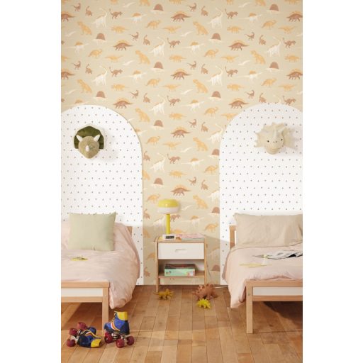 Dinamikus tanulságos és bájos dino fali dekoráció bézs barna sárgásbarna és fehér tónus gyerektapéta