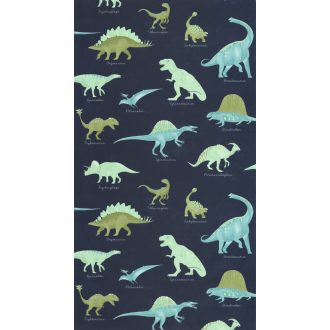   Dinamikus tanulságos és bájos dino fali dekoráció éjkék vízzöld vízkék zöld és fehér tónus gyerektapéta