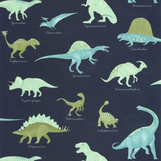 Dinamikus tanulságos és bájos dino fali dekoráció éjkék vízzöld vízkék zöld és fehér tónus gyerektapéta