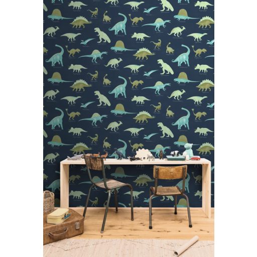 Dinamikus tanulságos és bájos dino fali dekoráció éjkék vízzöld vízkék zöld és fehér tónus gyerektapéta
