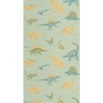   Dinamikus tanulságos és bájos dino fali dekoráció mandulazöld kék zöld és sárga/sárgásbarna tónus gyerektapéta
