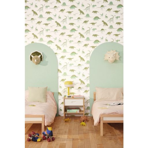 Dinamikus tanulságos és bájos dino fali dekoráció fehér khakizöld és zöld tónus gyerektapéta