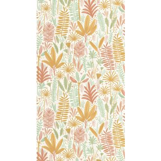   Színes és vidám trópusi levelek virágok grafikus mintája fehér zöld korall és sokszínű tónus gyerektapéta