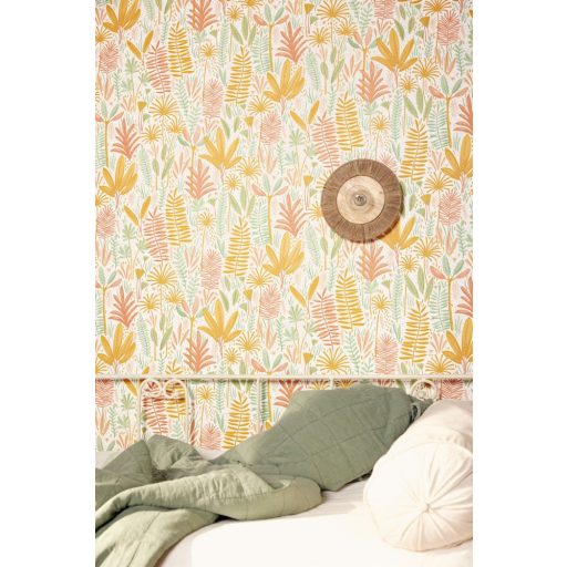 Színes és vidám trópusi levelek virágok grafikus mintája fehér zöld korall és sokszínű tónus gyerektapéta