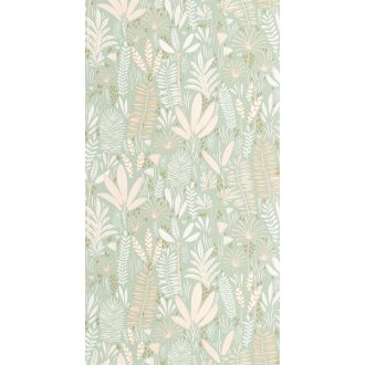   Színes és vidám trópusi levelek virágok grafikus mintája mandulazöld bézs fehér és aranybarna tónus gyerektapéta