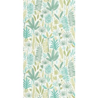   Színes és vidám trópusi levelek virágok grafikus mintája fehér zöld és sárga/sárgászöld tónus gyerektapéta
