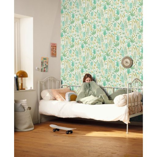 Színes és vidám trópusi levelek virágok grafikus mintája fehér zöld és sárga/sárgászöld tónus gyerektapéta