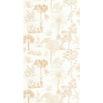   Harmonikus szavannai kompozíció a növényzet között elhelyezkedő állatokkal krémfehér és bézs tónus gyerekszobai tapéta