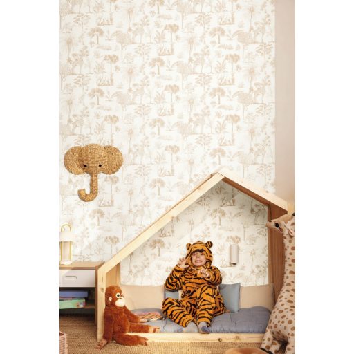 Harmonikus szavannai kompozíció a növényzet között elhelyezkedő állatokkal krémfehér és bézs tónus gyerekszobai tapéta