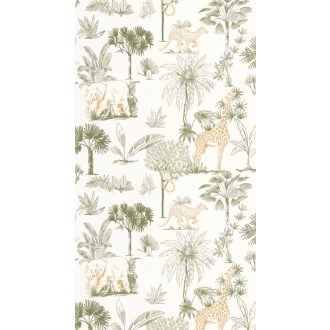   Harmonikus szavannai kompozíció a növényzet között elhelyezkedő állatokkal fehér zöld és sárgásbarna tónus gyerekszobai tapéta