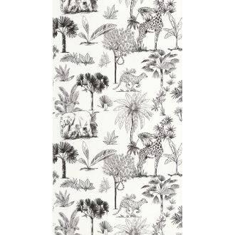   Harmonikus szavannai kompozíció a növényzet között elhelyezkedő állatokkal fehér és fekete tónus gyerekszobai tapéta