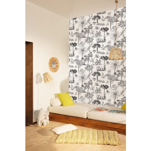 Harmonikus szavannai kompozíció a növényzet között elhelyezkedő állatokkal fehér és fekete tónus gyerekszobai tapéta