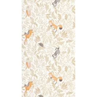   Erdei növény és állatviág finom megközelítésben fehér bézs szürkésbézs szürke és narancs tónus gyerekszobai tapéta