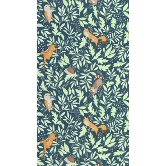   Erdei növény és állatviág finom megközelítésben kék világoszöld és sokszínű tónus gyerekszobai tapéta