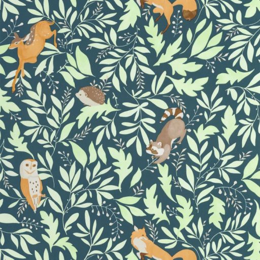 Erdei növény és állatviág finom megközelítésben kék világoszöld és sokszínű tónus gyerekszobai tapéta