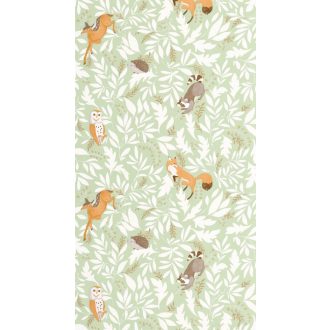   Erdei növény és állatviág finom megközelítésben mandulazöld fehér barna és narancs tónus gyerekszobai tapéta