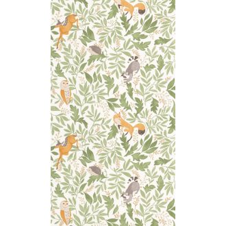   Erdei növény és állatviág finom megközelítésben fehér lombzöld és sokszínű tónus gyerekszobai tapéta