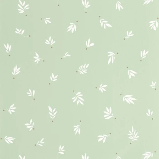 Könnyed és légies finom levélminta mandulazöld fehér és aranybarna tónus gyerektapéta