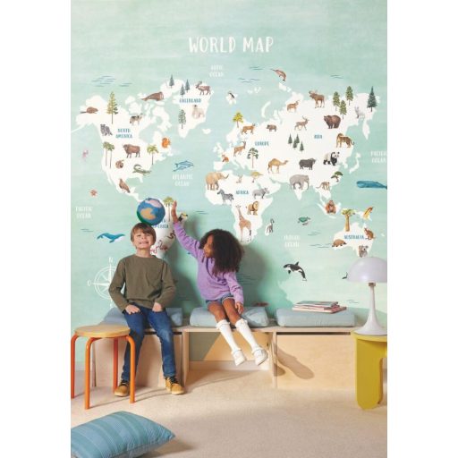 Panoráma világtérkép és kitekintés a világ állatfajaira "M" méret vízkék fehér és sokszínű tónus falpanel