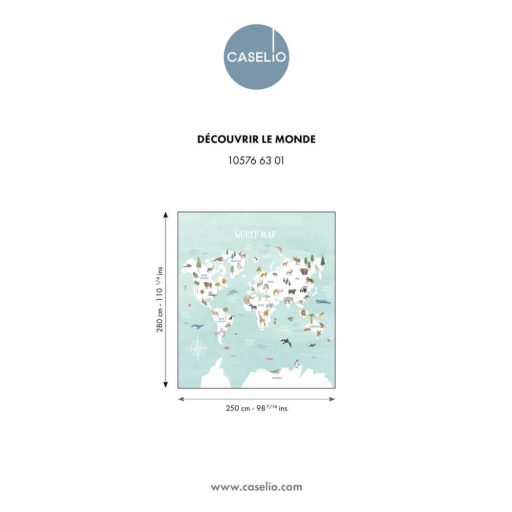 Panoráma világtérkép és kitekintés a világ állatfajaira "M" méret vízkék fehér és sokszínű tónus falpanel